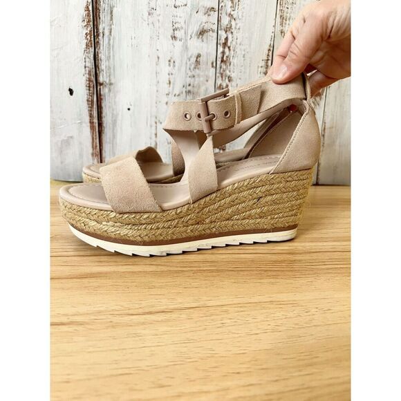 Marc Fisher Zaide Espadrille Wedge Sandal Shell Pink Suede Leather 7.5 $147 - Picture 1 of 7